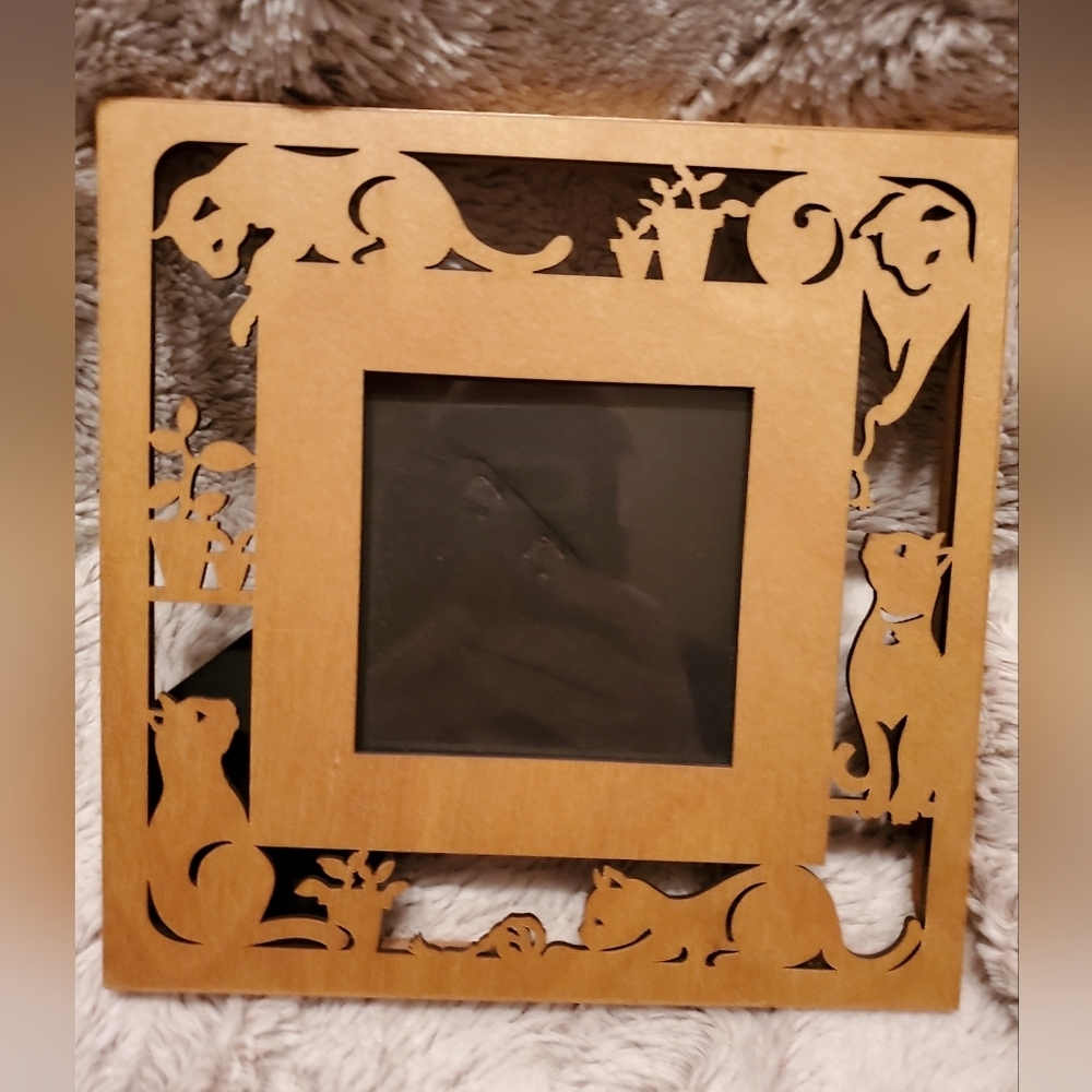Vintage Novelty Carved Wood Intricate Cats Picture Frame 7" x 7" Rustic Decor